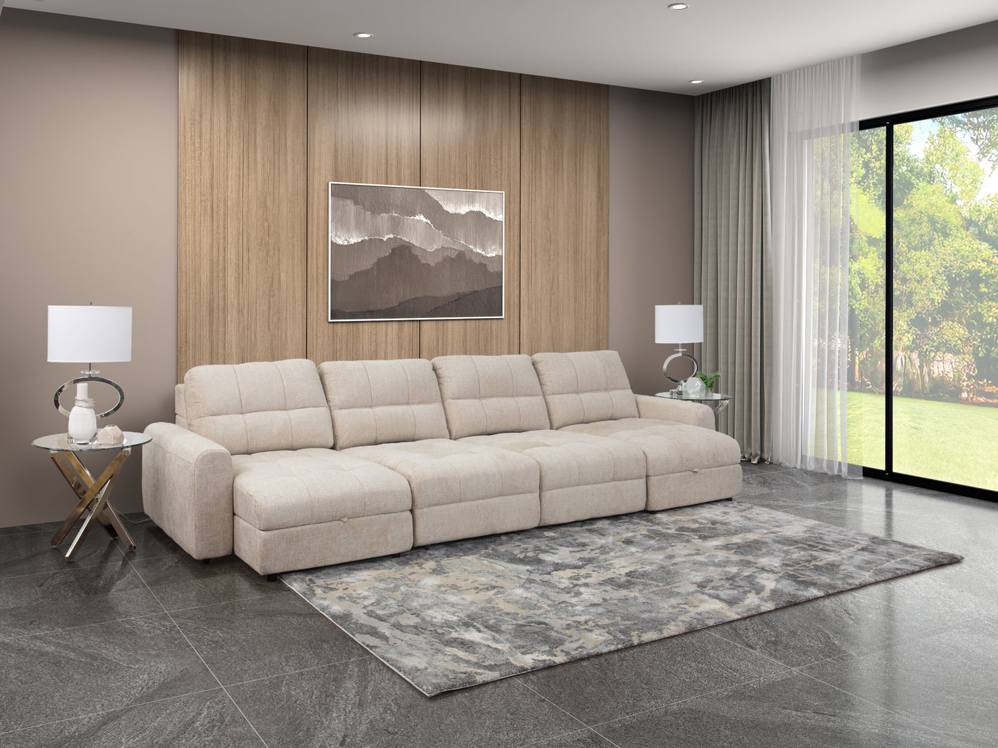 Sofá seccional deslizante de 4 piezas color beige con brazos izquierdo y derecho