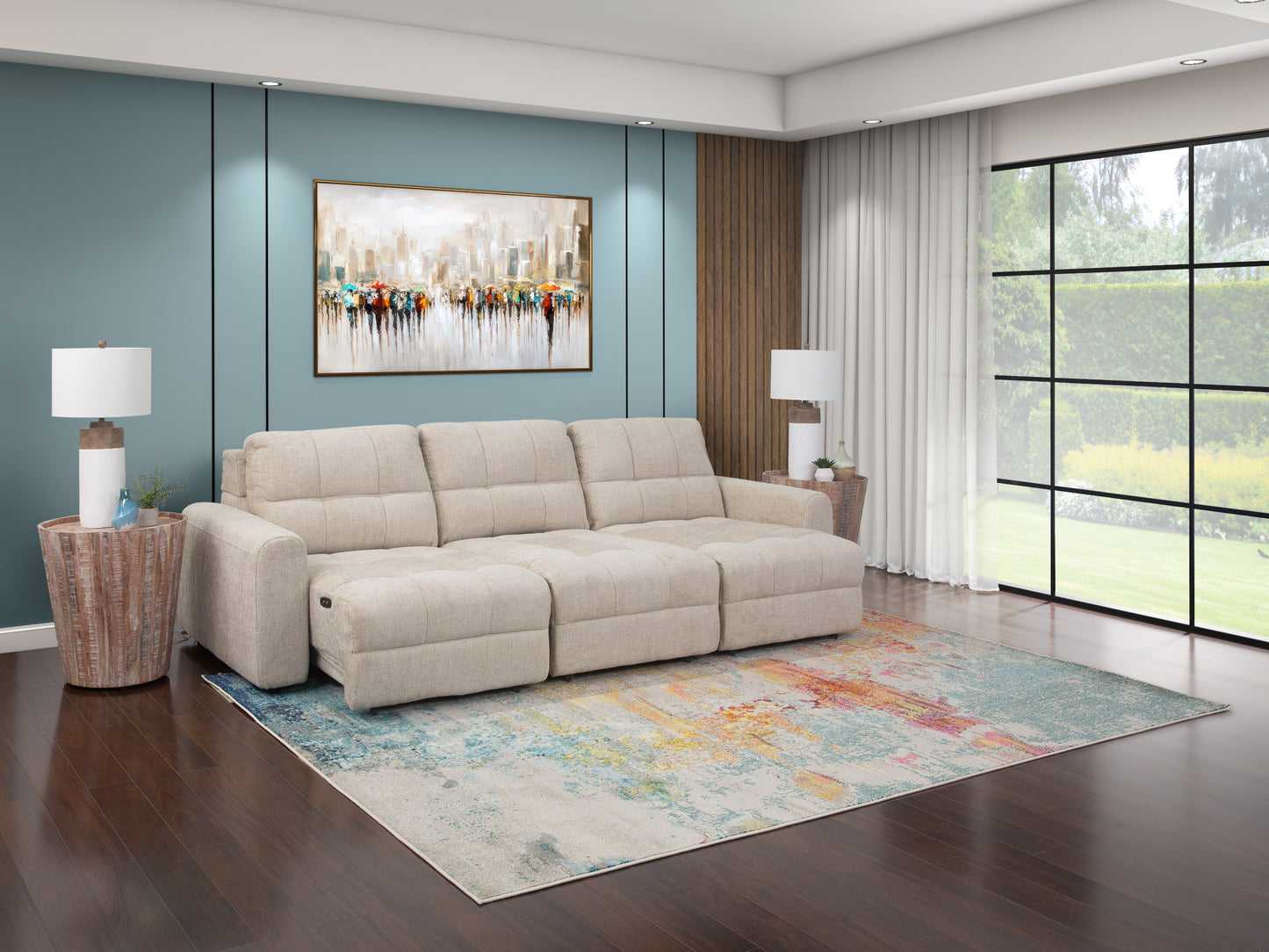 Sofá seccional deslizante de 3 piezas color beige con brazos izquierdo y derecho, asientos deslizantes