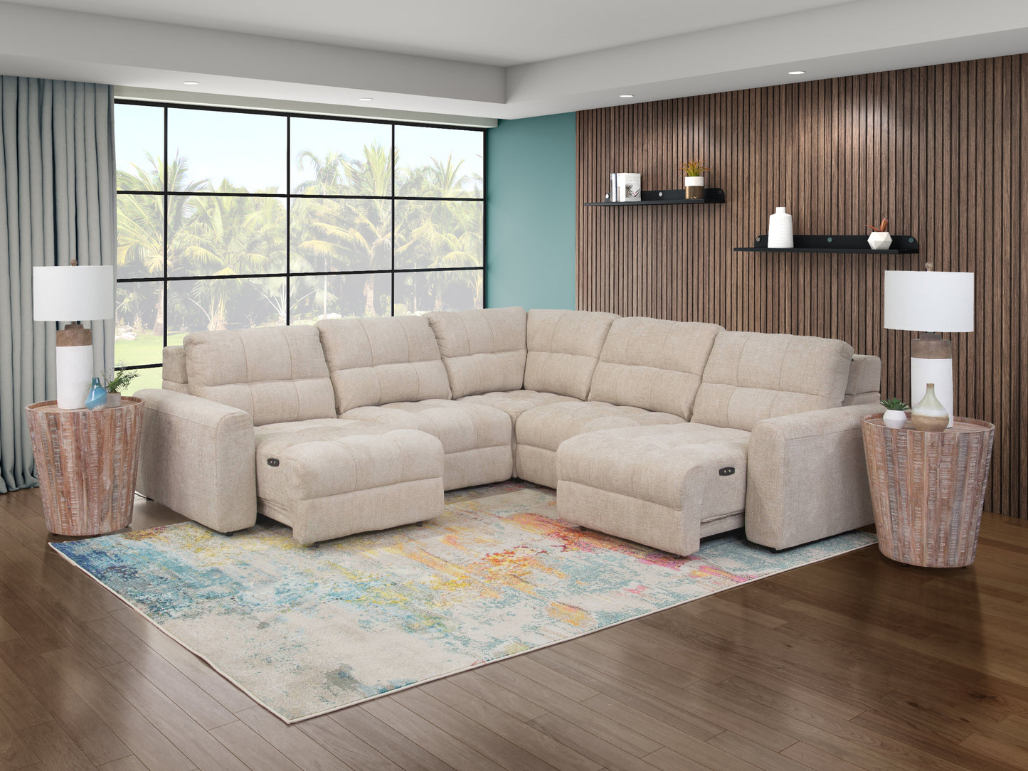 Sofá seccional deslizante de 5 piezas color beige con brazos izquierdo y derecho, asientos deslizantes