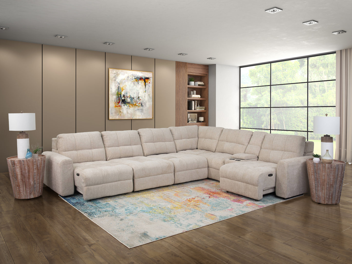 Sofá seccional deslizante de 7 piezas color beige con brazos izquierdo y derecho, asientos deslizantes