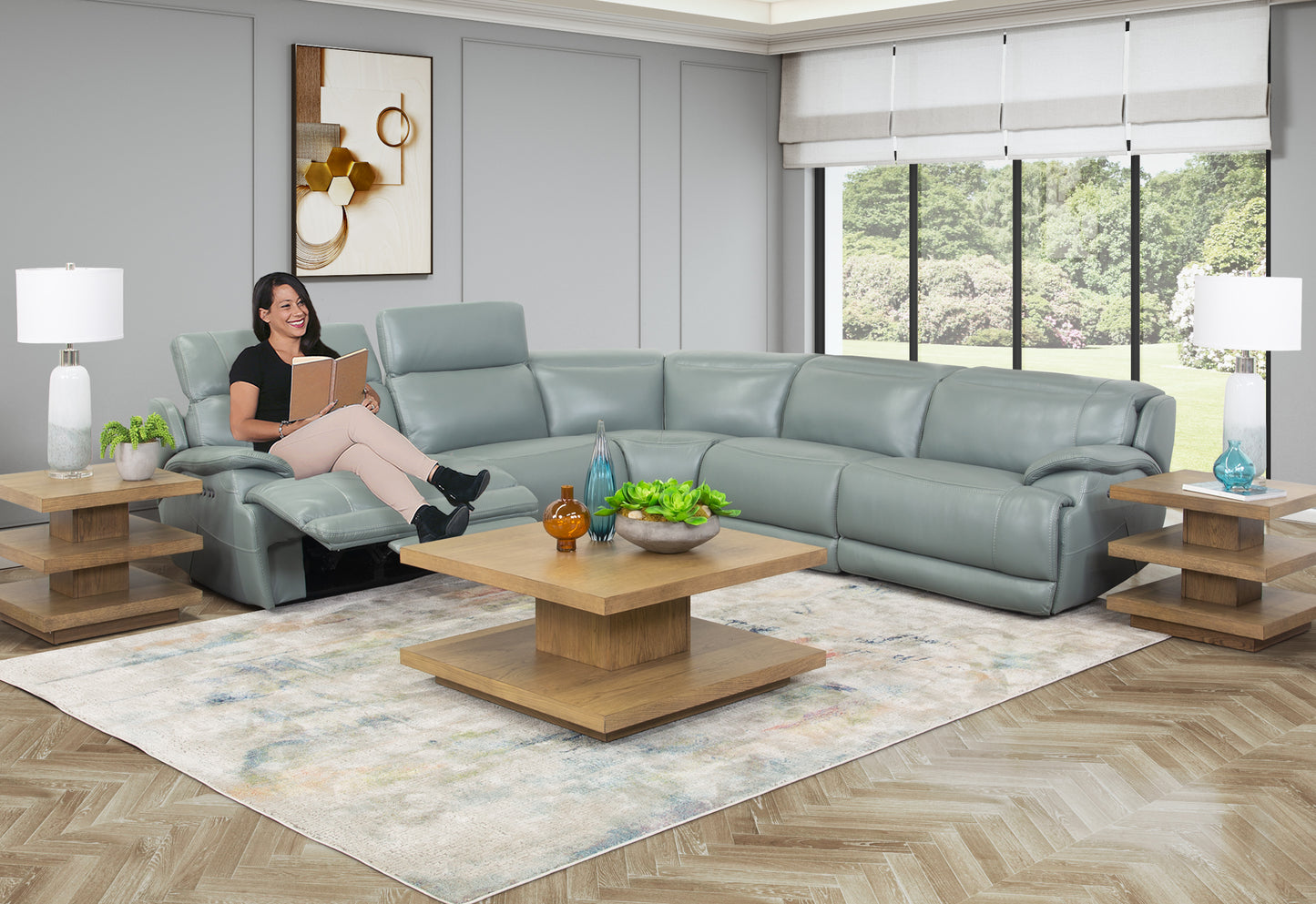 Hawkins Green 5 Piece Leather Dual Power Reclining Sectional