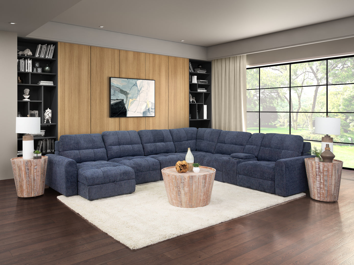 Chaise longue deslizante azul de 7 piezas con brazo izquierdo