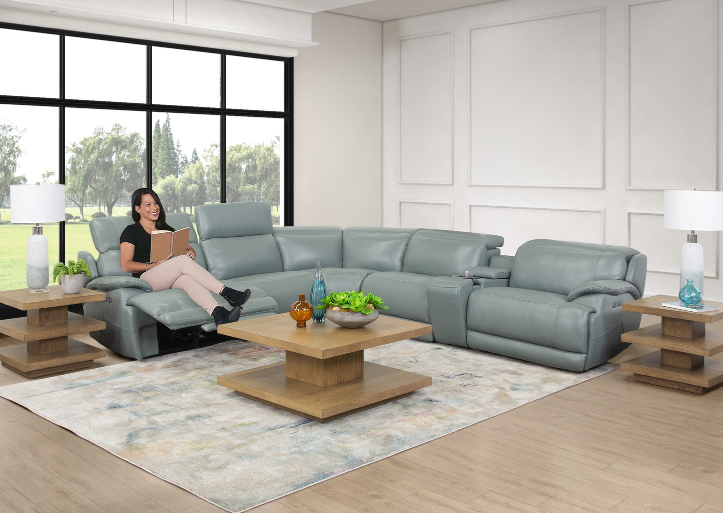 Hawkins Green 6 Piece Leather Dual Power Reclining Sectional