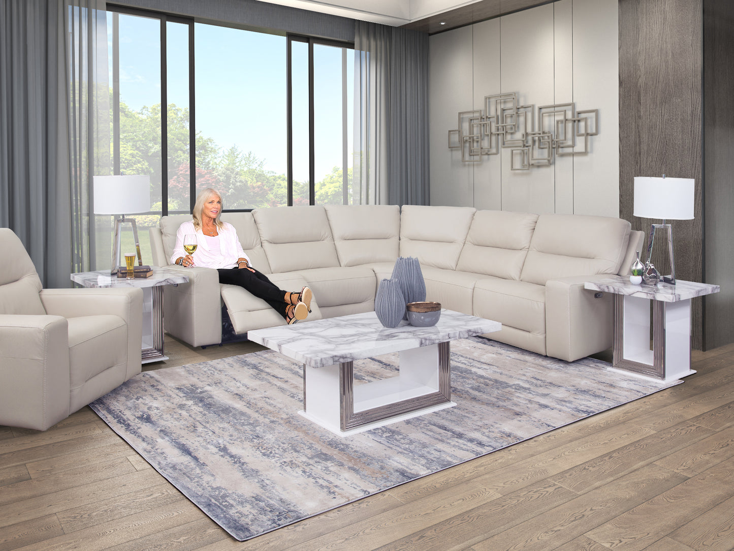 Seccional eléctrico de cuero Stratos Stone de 5 piezas