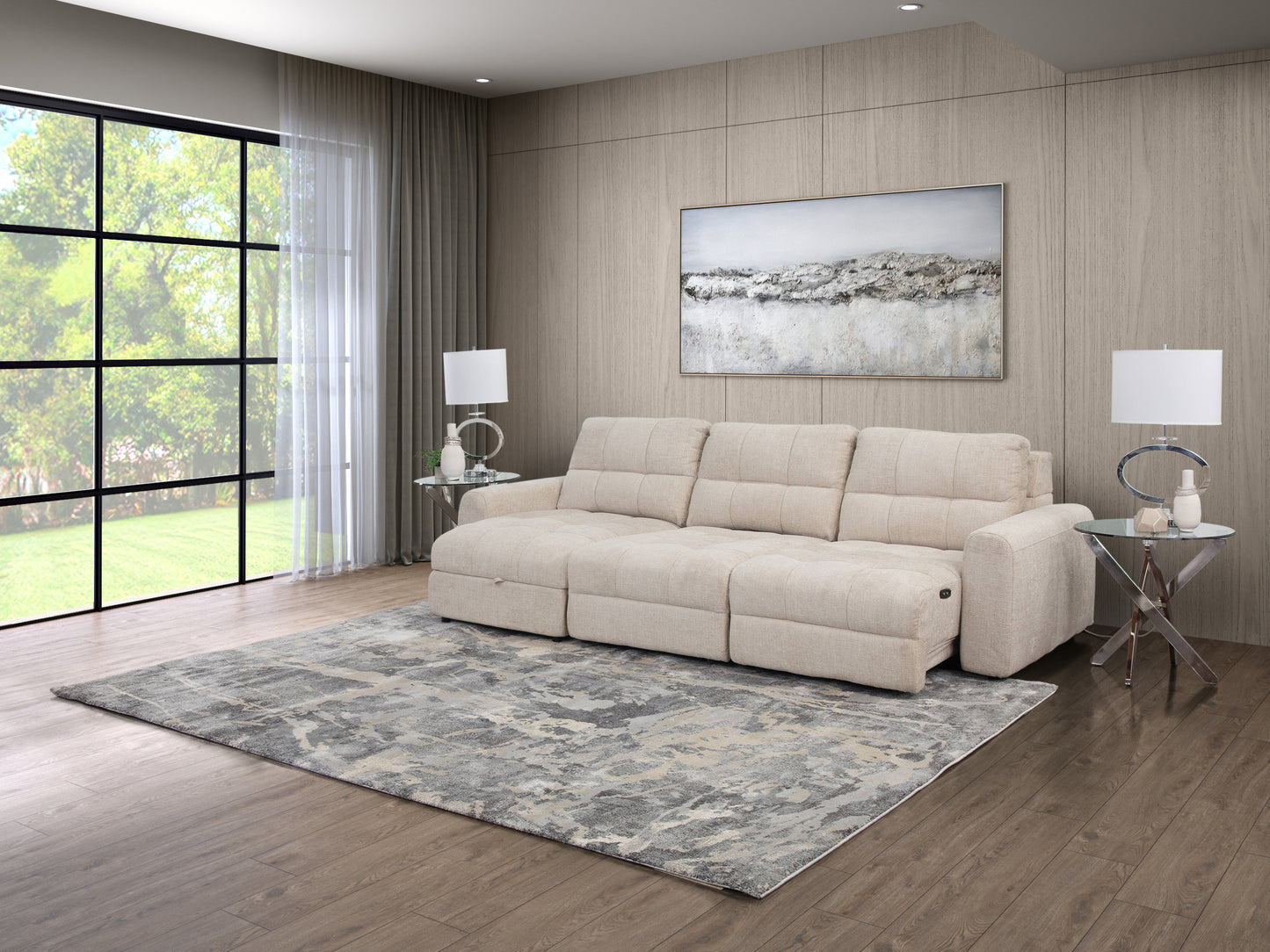 Sofá seccional deslizante de 3 piezas color beige con brazo izquierdo orientado hacia la chaise longue