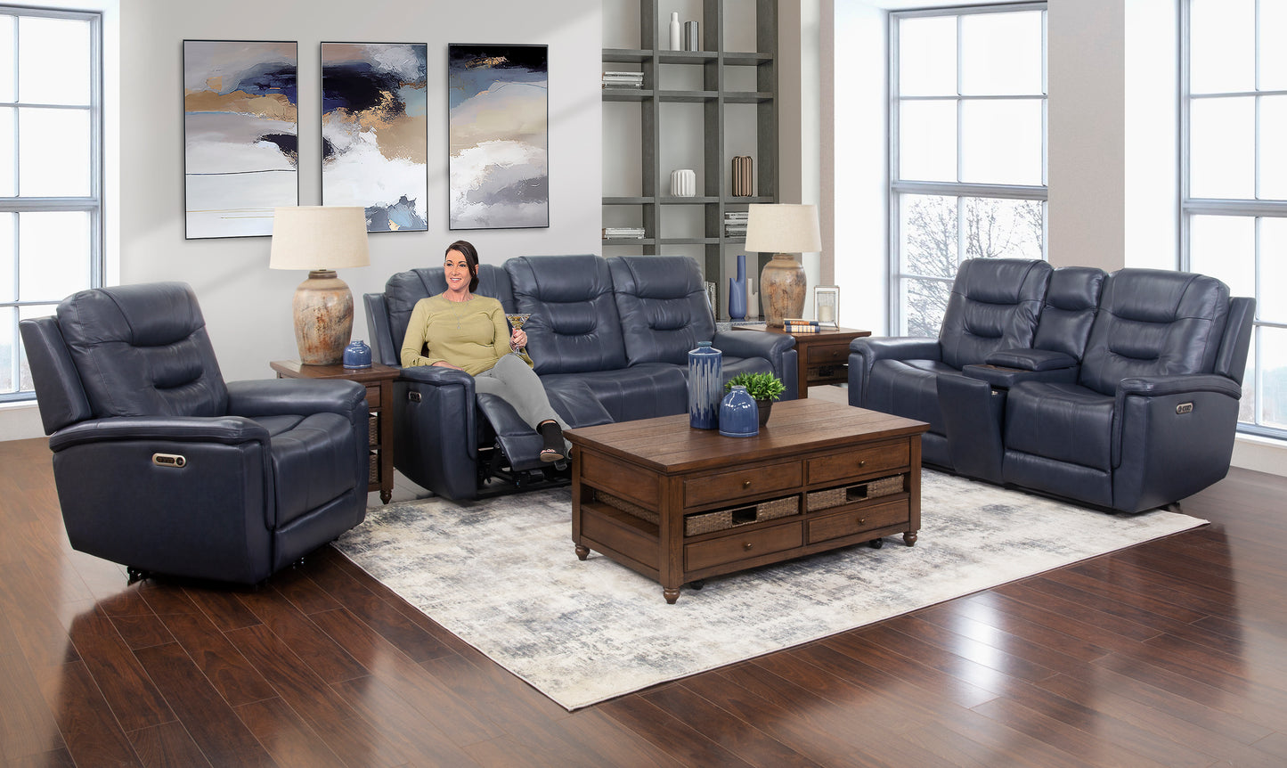 Abbott Navy 3 Piece Leather Power Reclining Sofa, Console Loveseat, and Recliner with Power Headrests