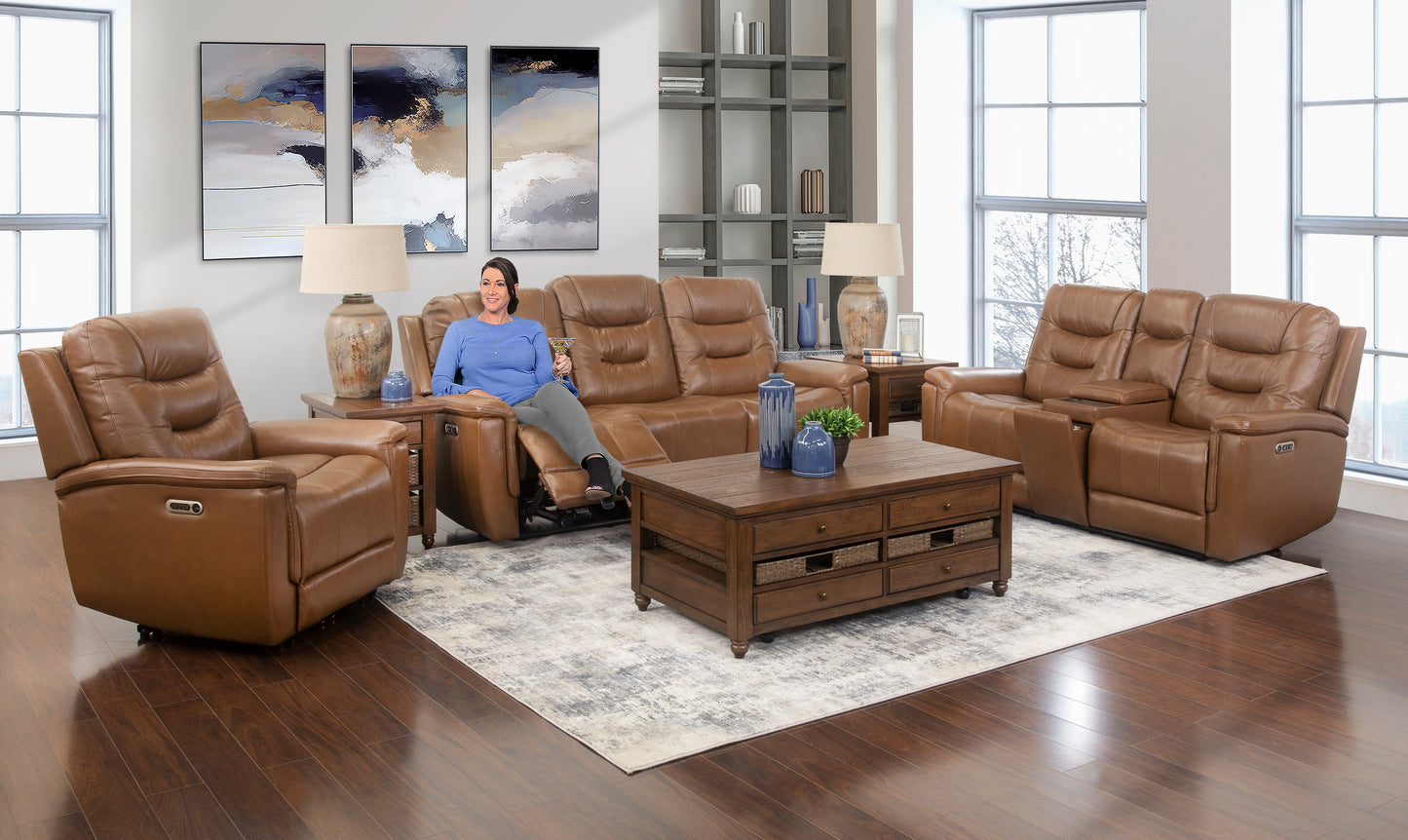 Abbott Camel 3 Piece Leather Power Reclining Sofa, Console Loveseat, and Recliner with Power Headrests