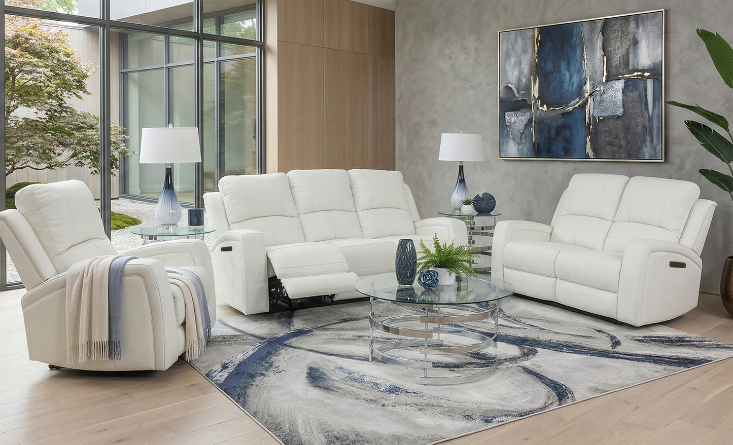 Aria White 3 Piece Zero Gravity Dual Power Leather Reclining Sofa, Zero Gravity Dual Power Leather Reclining Loveseat, and Dual Power Leather Recliner