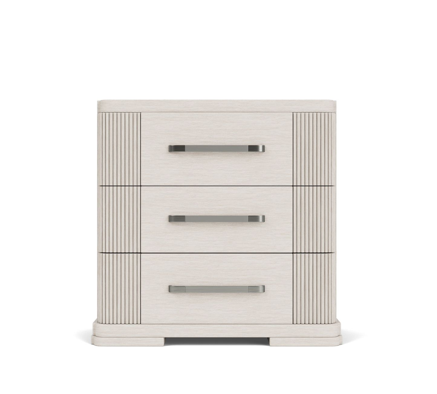 Three-drawer nightstand with decorative paneling on a white background