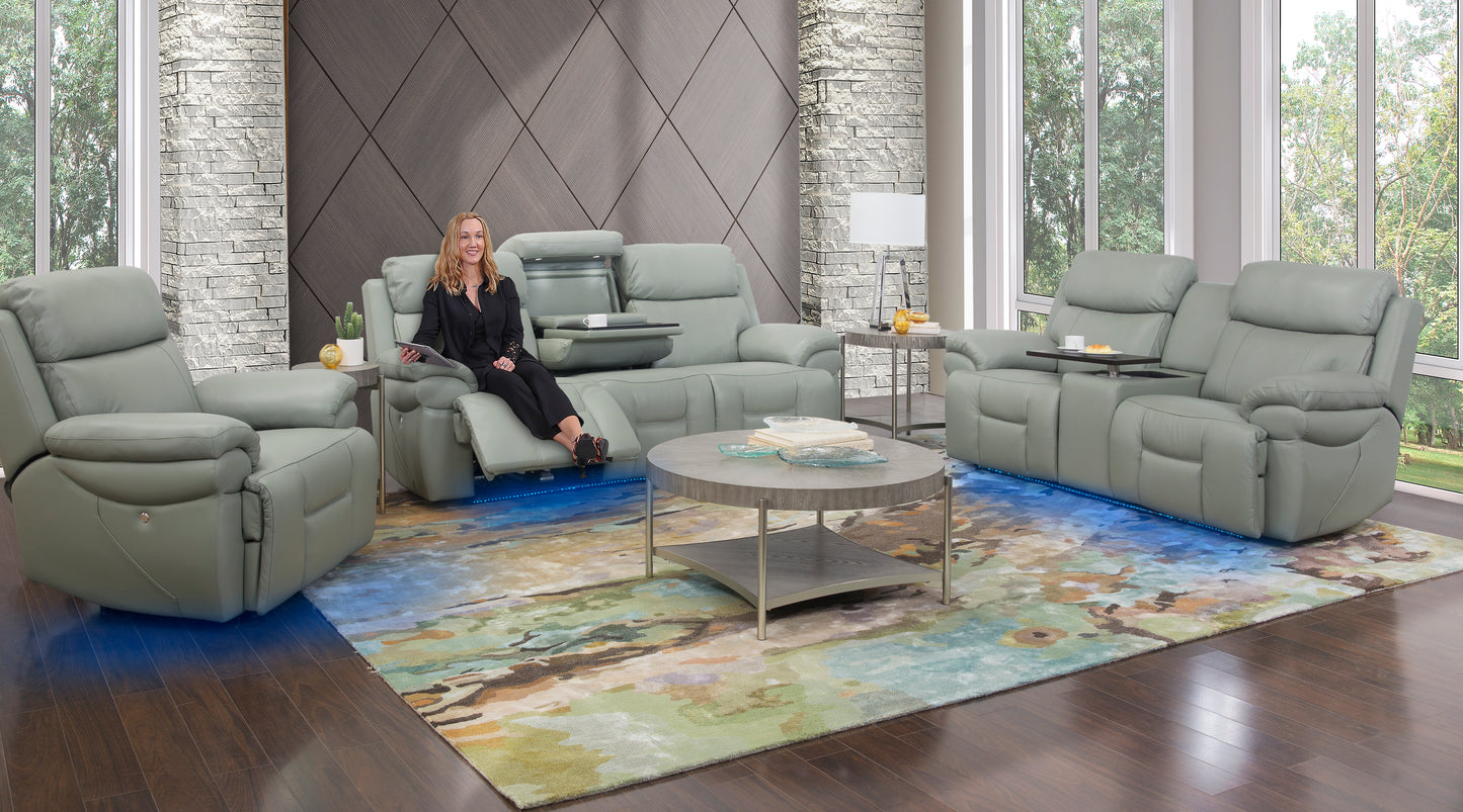 Bishop Jade 3 Piece Leather Zero Gravity Triple Power Sofa with Drop Down Table, Console Loveseat, and Recliner