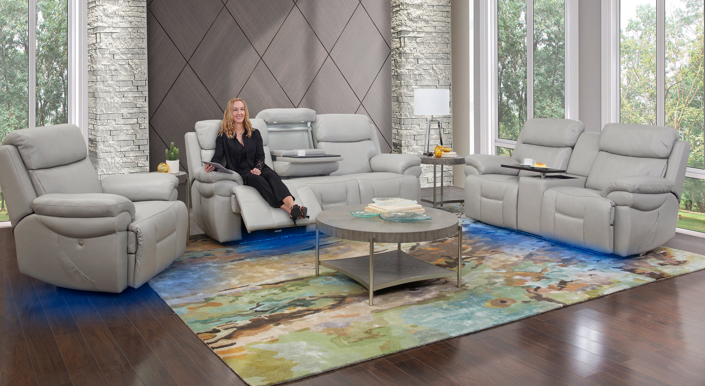 Bishop Silver 3 Piece Leather Zero Gravity Triple Power Reclining Sofa with Drop Down Table, Console Loveseat, and Recliner