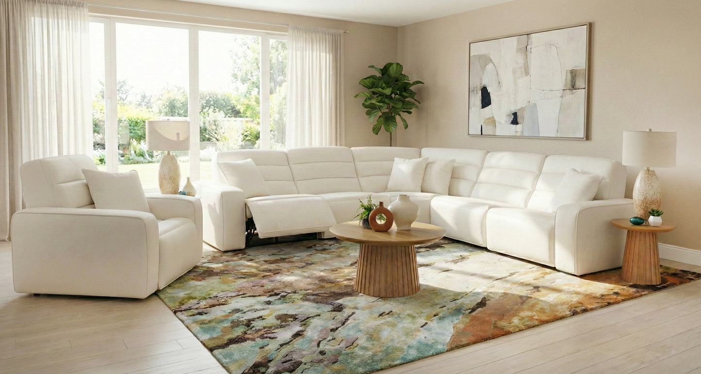Cabretta 5 Piece Power Reclining Sectional with a Right Arm Facing Dual Power Recliner, an Armless Chair, a Wedge, an Armless Dual Power Recliner, and a Left Arm Facing Dual Power Recliner