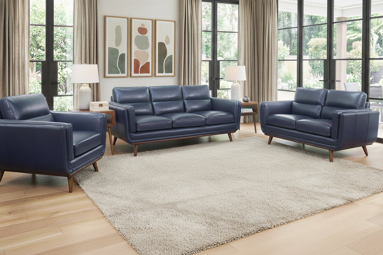 Emmitt Navy II 3 Piece Leather Sofa, Loveseat, and Chair – Kane's