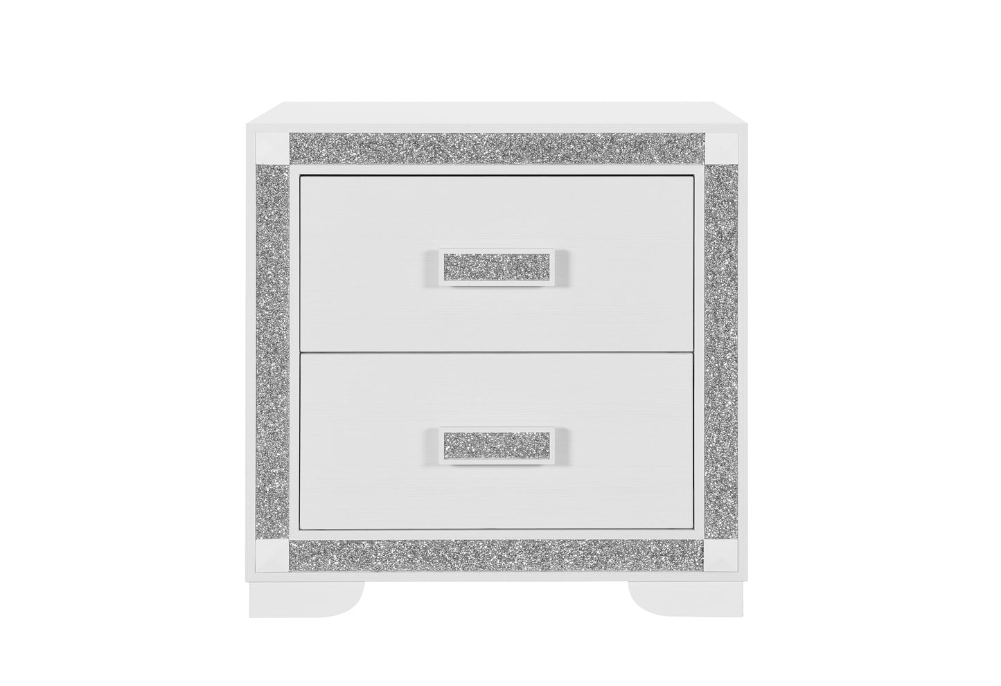 White nightstand with silver glitter trim on a white background