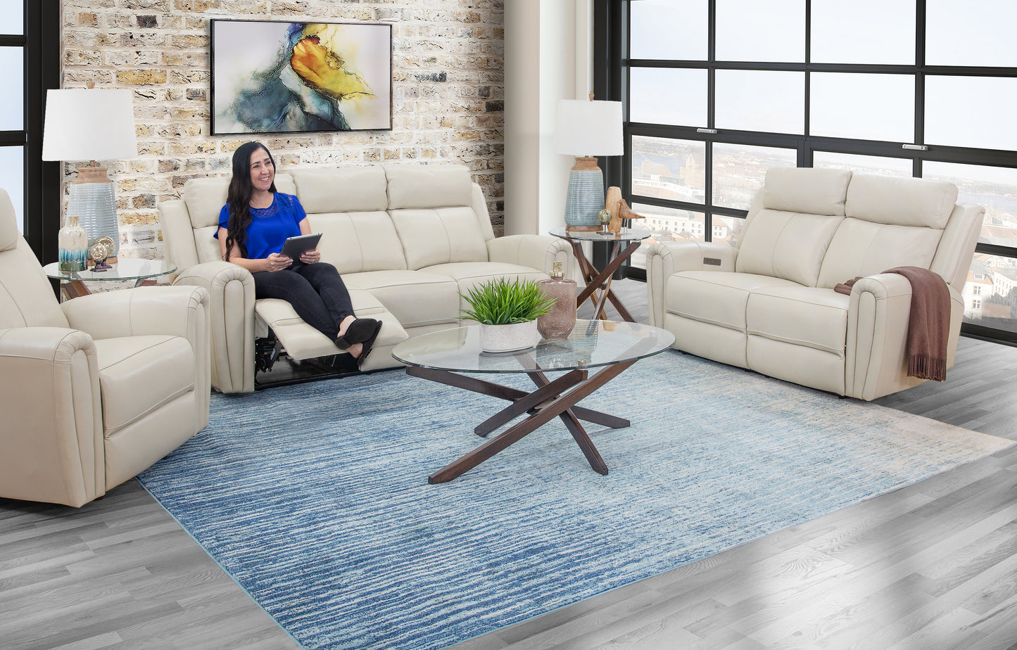 Jonathan Cream II 3 Piece Leather Reclining Sofa, Loveseat, and Recliner