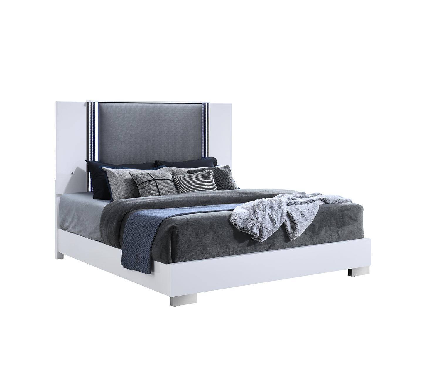 Broadway White II King Upholstered Lighted Panel Bed