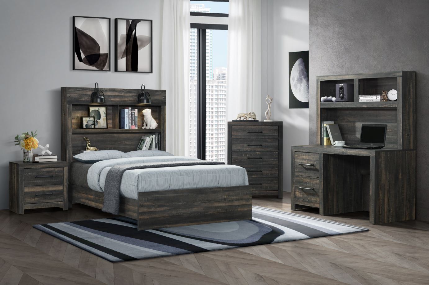 Linwood Dark Oak 5 Piece Full Bookcase Bedroom