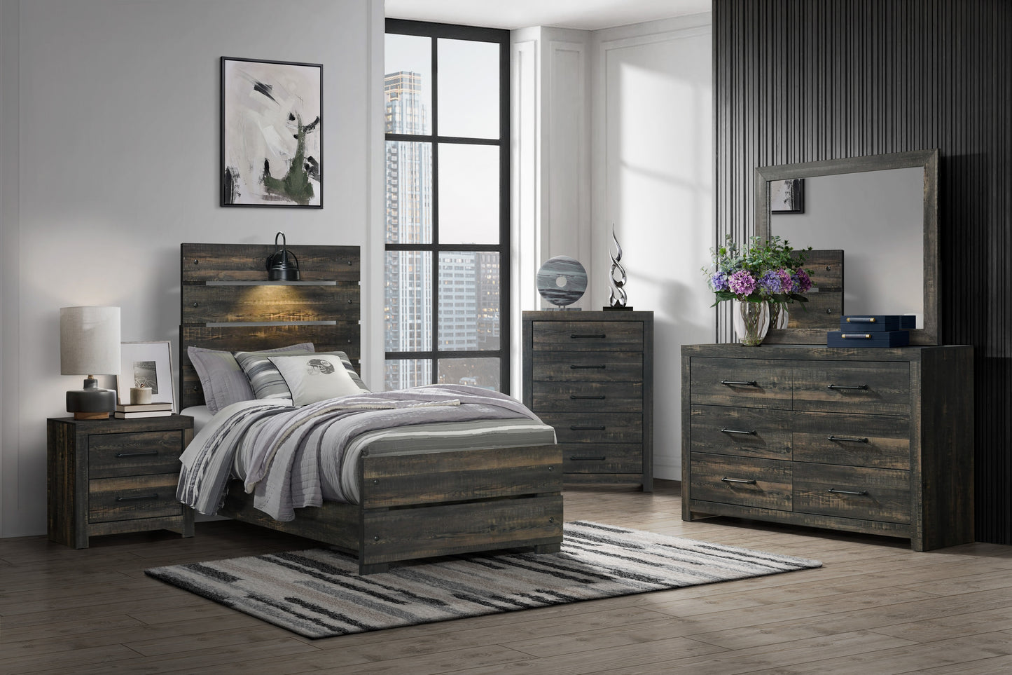 Linwood Dark Oak 6 Piece Twin Panel Bedroom