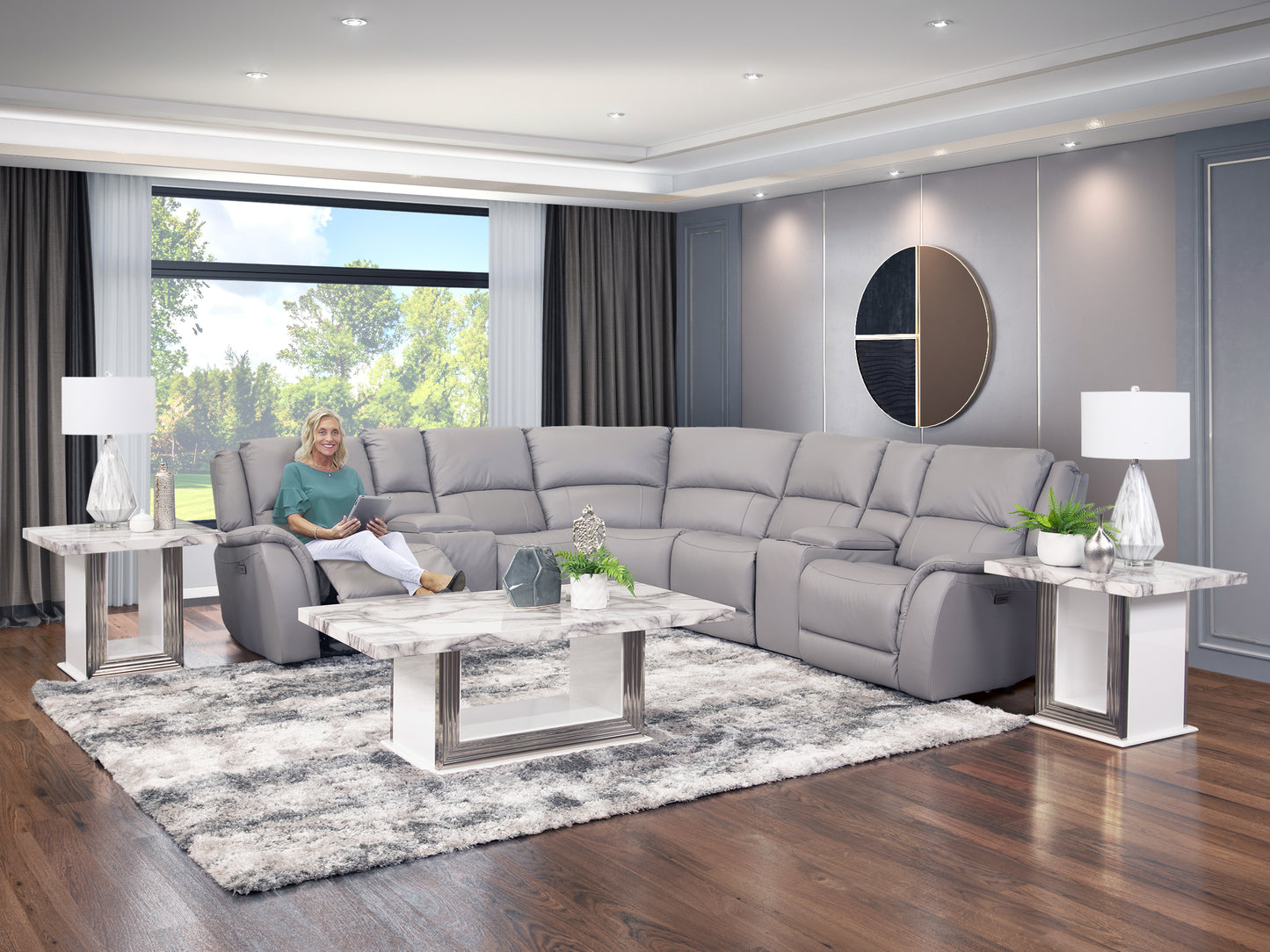 Seccional reclinable eléctrico de cuero de 7 piezas Sebastian