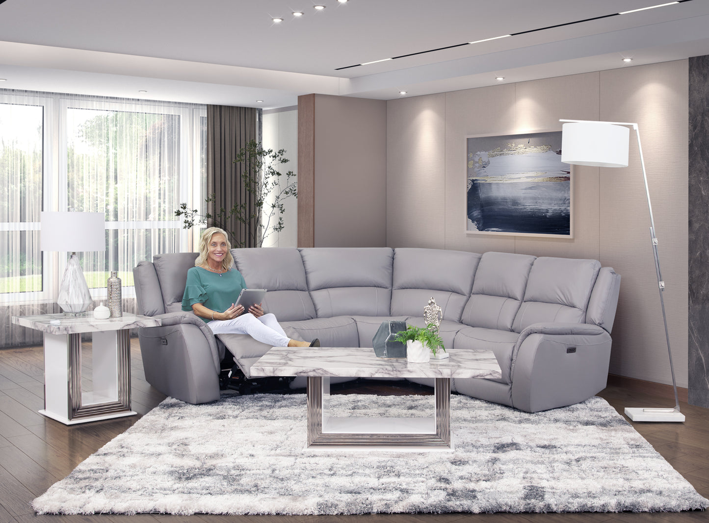 Seccional reclinable eléctrico de cuero de 5 piezas Sebastian