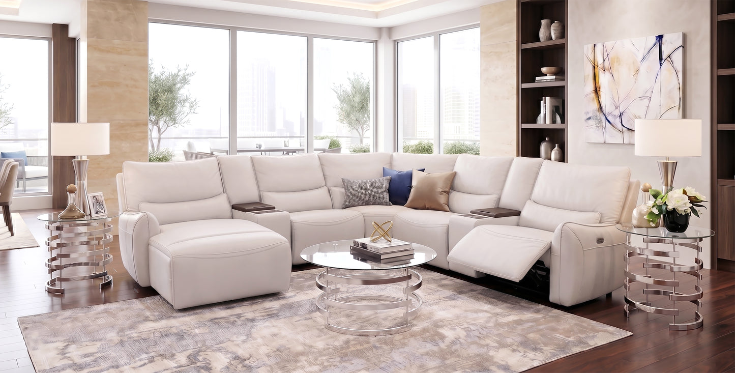 Senna White 7 Piece Leather Zero Gravity Dual Power Sectional with Left Arm Facing Chaise, Storage Console, and Cooling Console