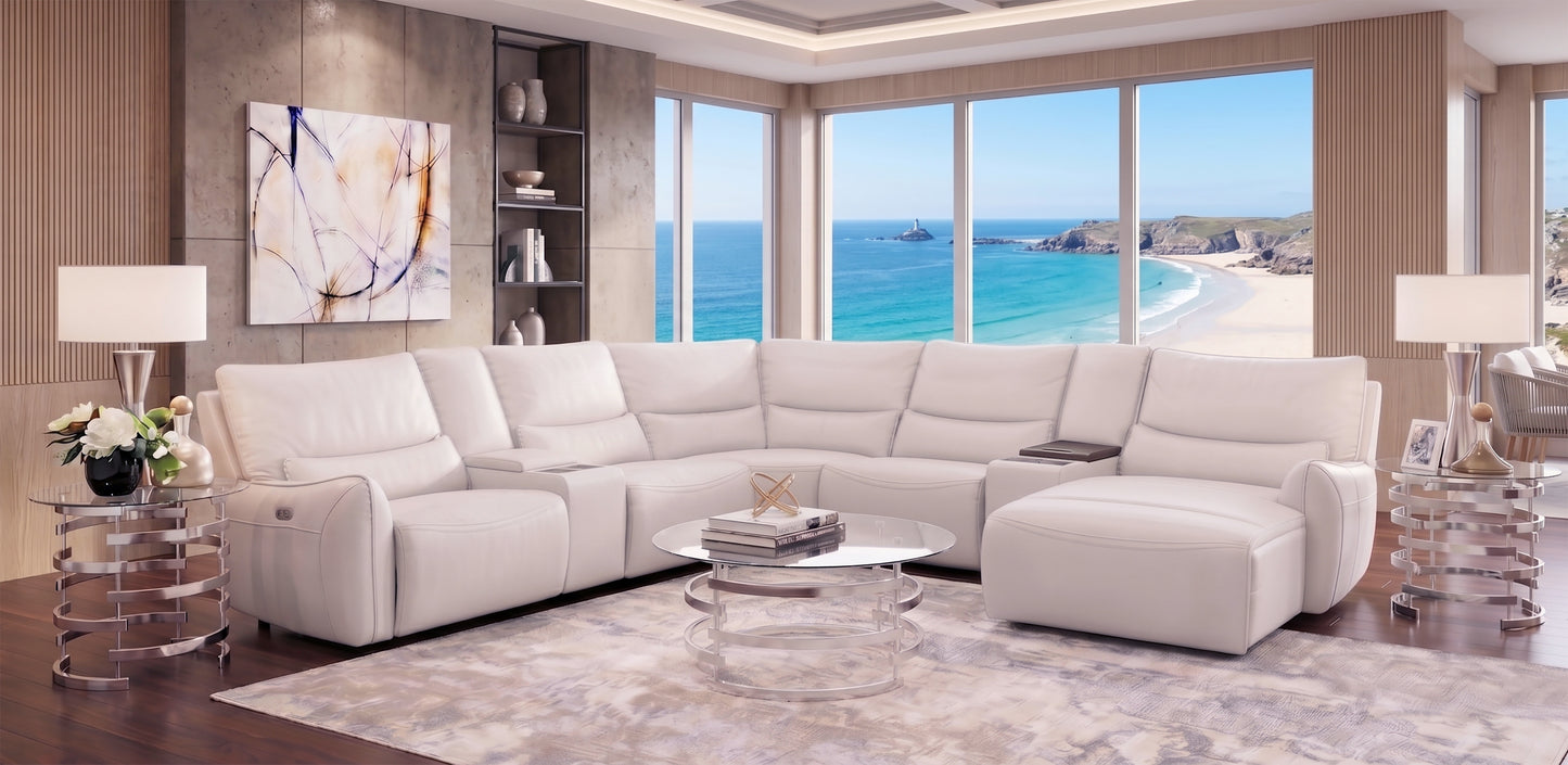 Senna White 7 Piece Leather Zero Gravity Dual Power Sectional with Right Arm Facing Chaise, Storage Console, and Cooling Console