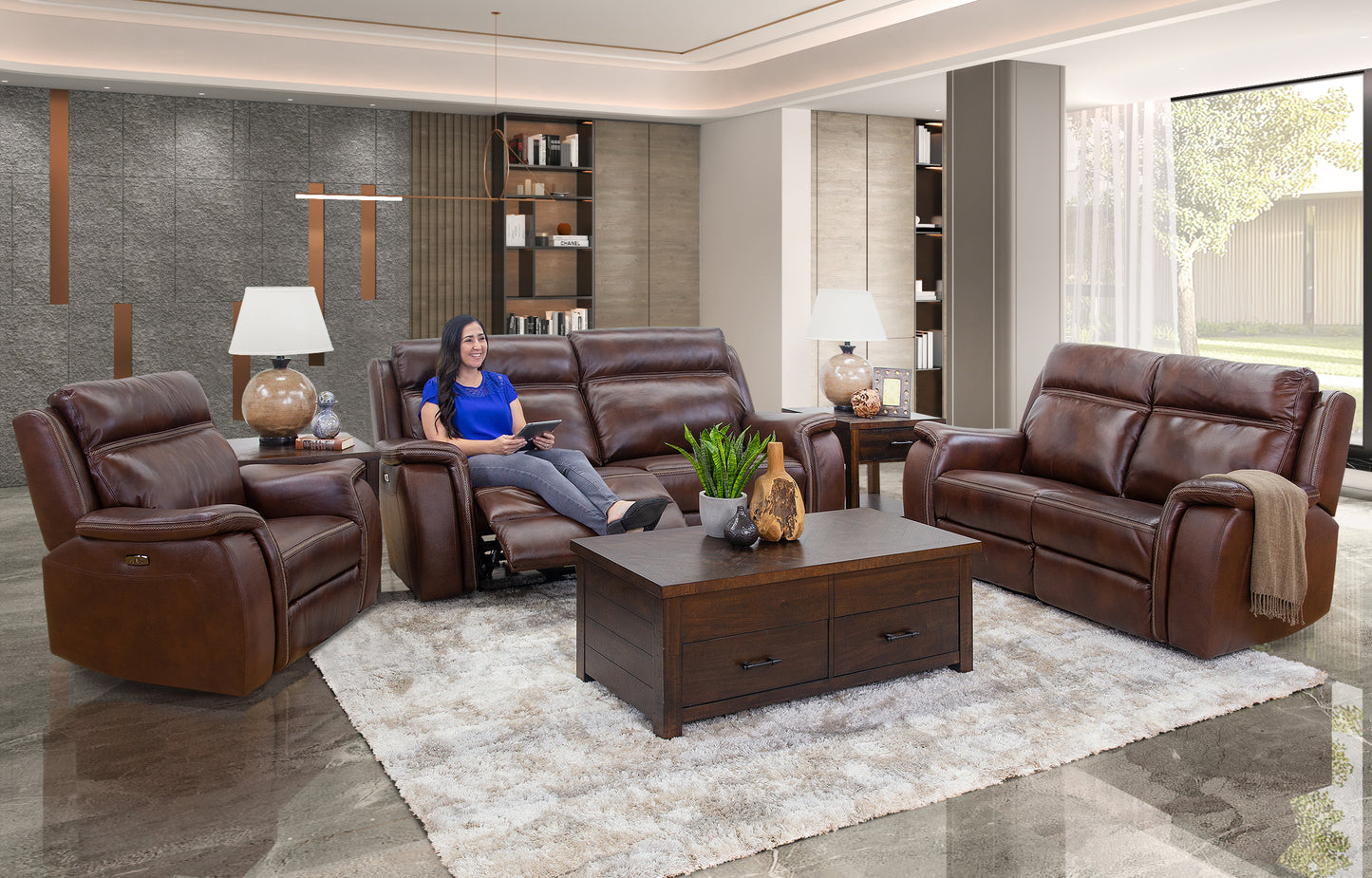Tulare 3 Piece Leather Power Reclining Sofa, Loveseat, and Recliner with Power Headrests