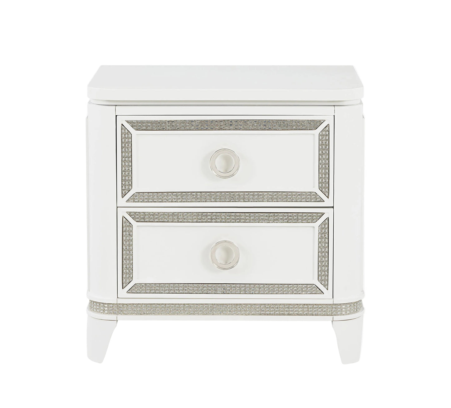 White nightstand with decorative trim and two drawers on a white background