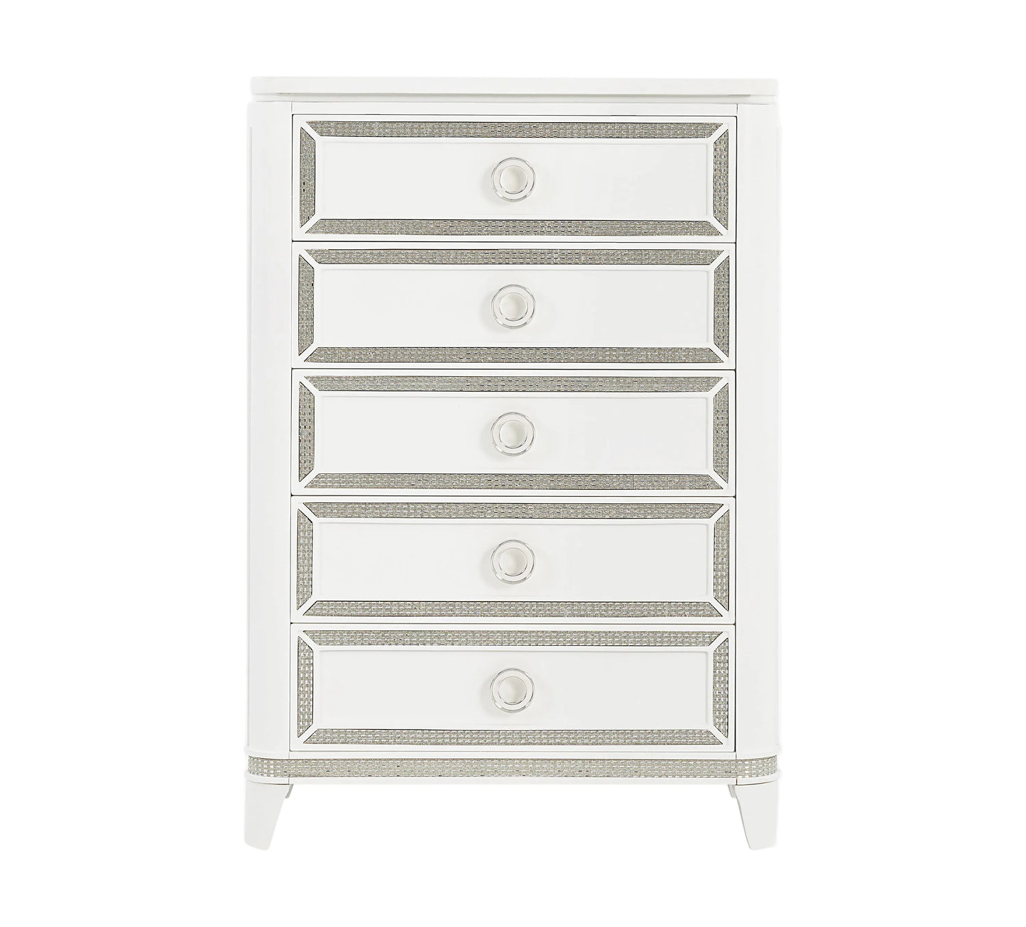 White dresser with decorative trim on a white background