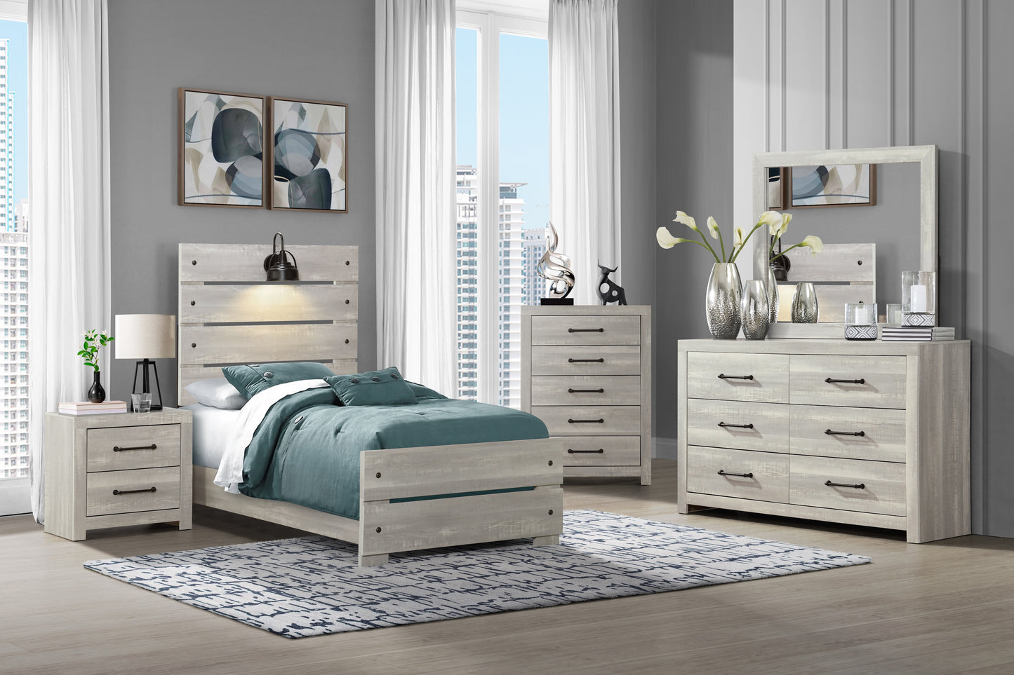 Dormitorio de 6 piezas con dos paneles en gris claro de Linwood