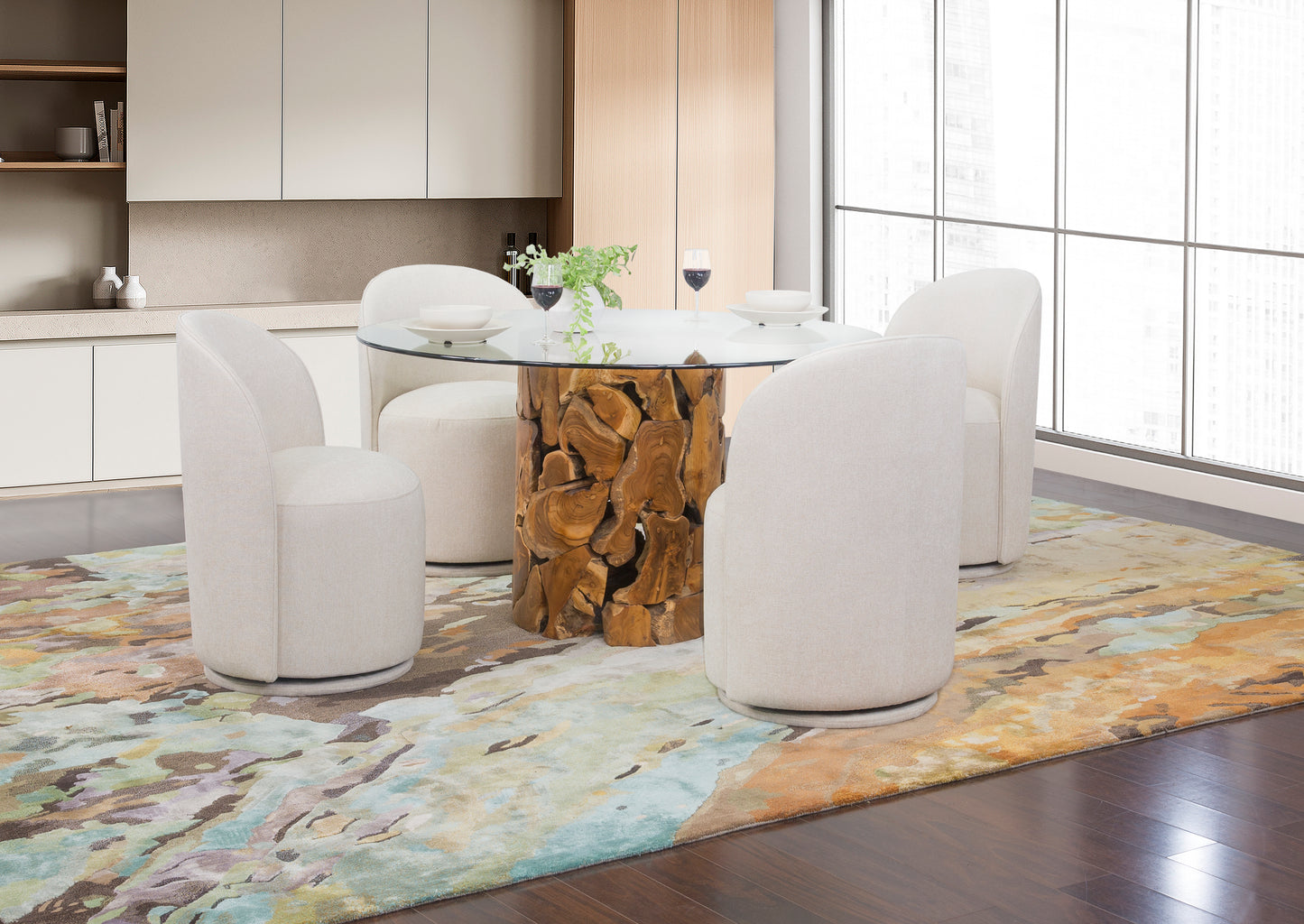 Yosemite 5 Piece Dining Set with Linen Upholstered Round Back Swivel Chairs