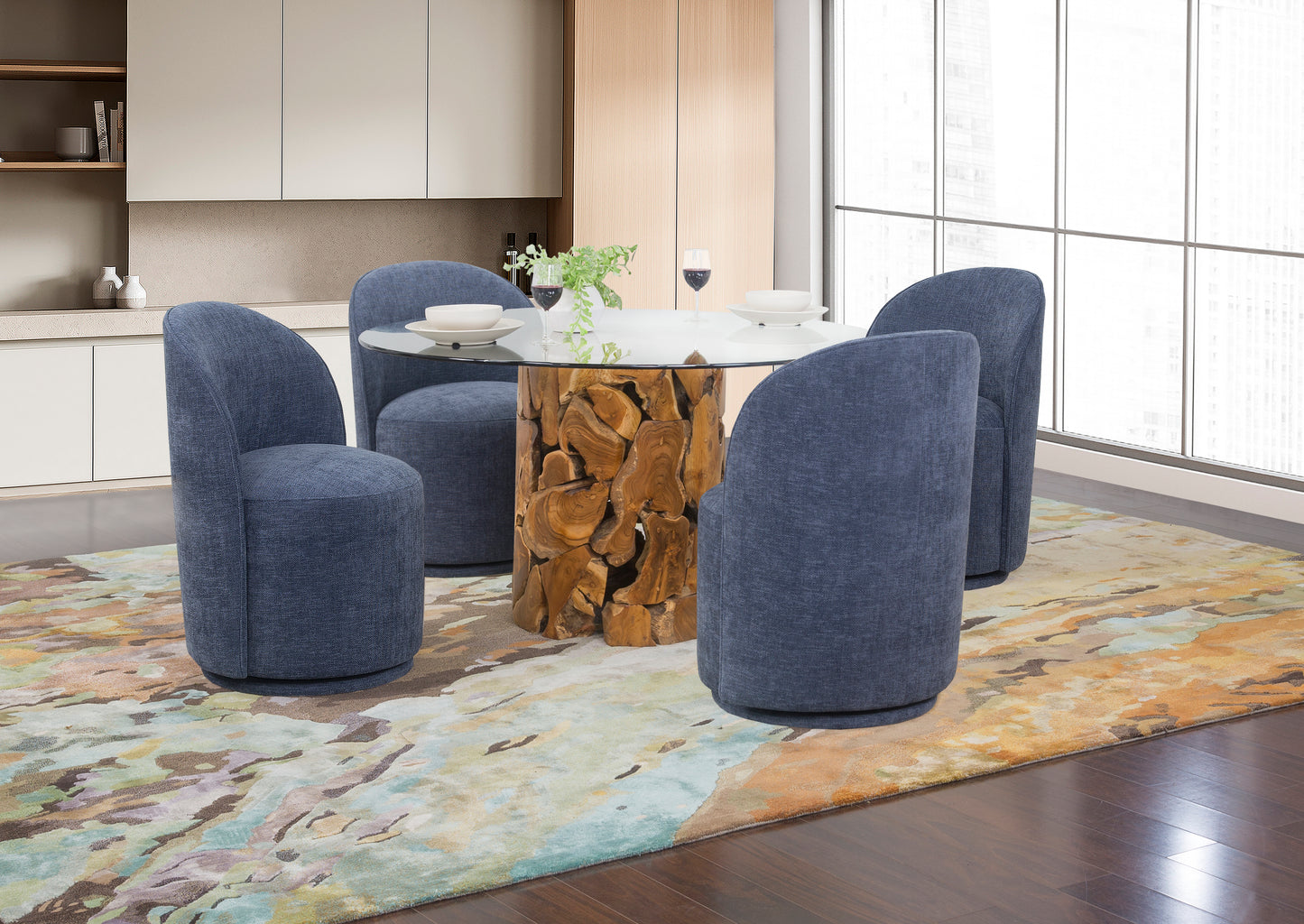 Yosemite 5 Piece Dining Set with Navy Upholstered Round Back Swivel Chairs