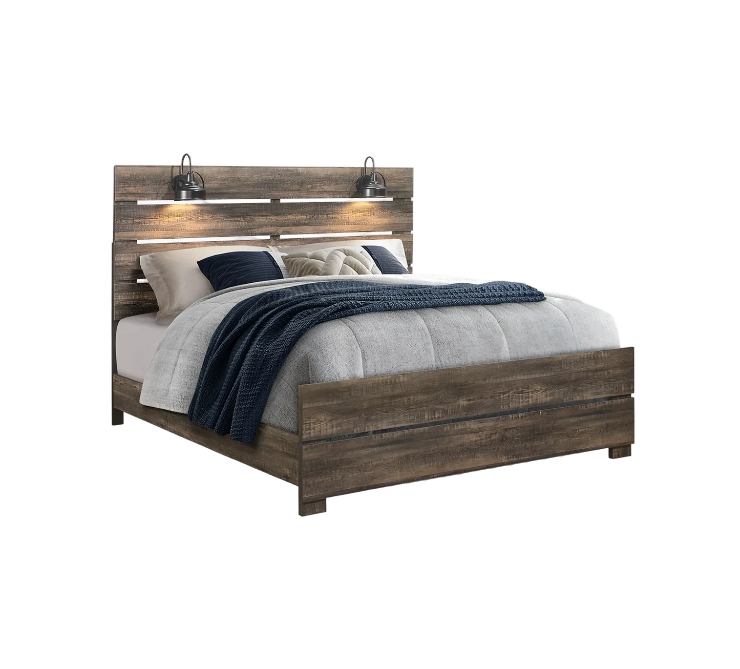 Cama Queen con paneles iluminados Linwood en roble oscuro