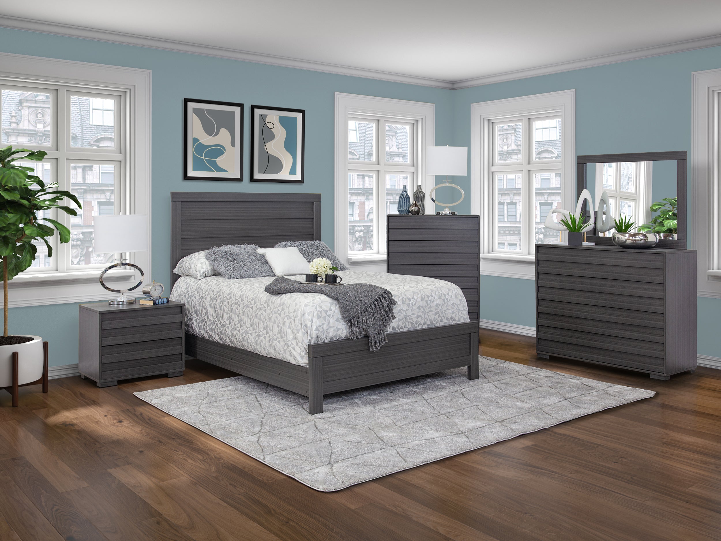 grey bedroom dresser set Roundhill Furniture Ennesley King Size Bedroom Set, Gray Wood with Upholstered Panel Bed, Dresser, Mirror, Nightstand, Chest