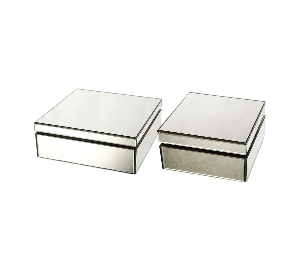 Two rectangular glass boxes with mirrored surfaces, one larger and one smaller, set against a white background.