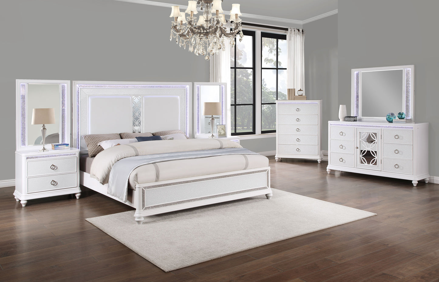 Dormitorio con panel de pared de 9 piezas Anastasia con mesita de noche de 2 cajones