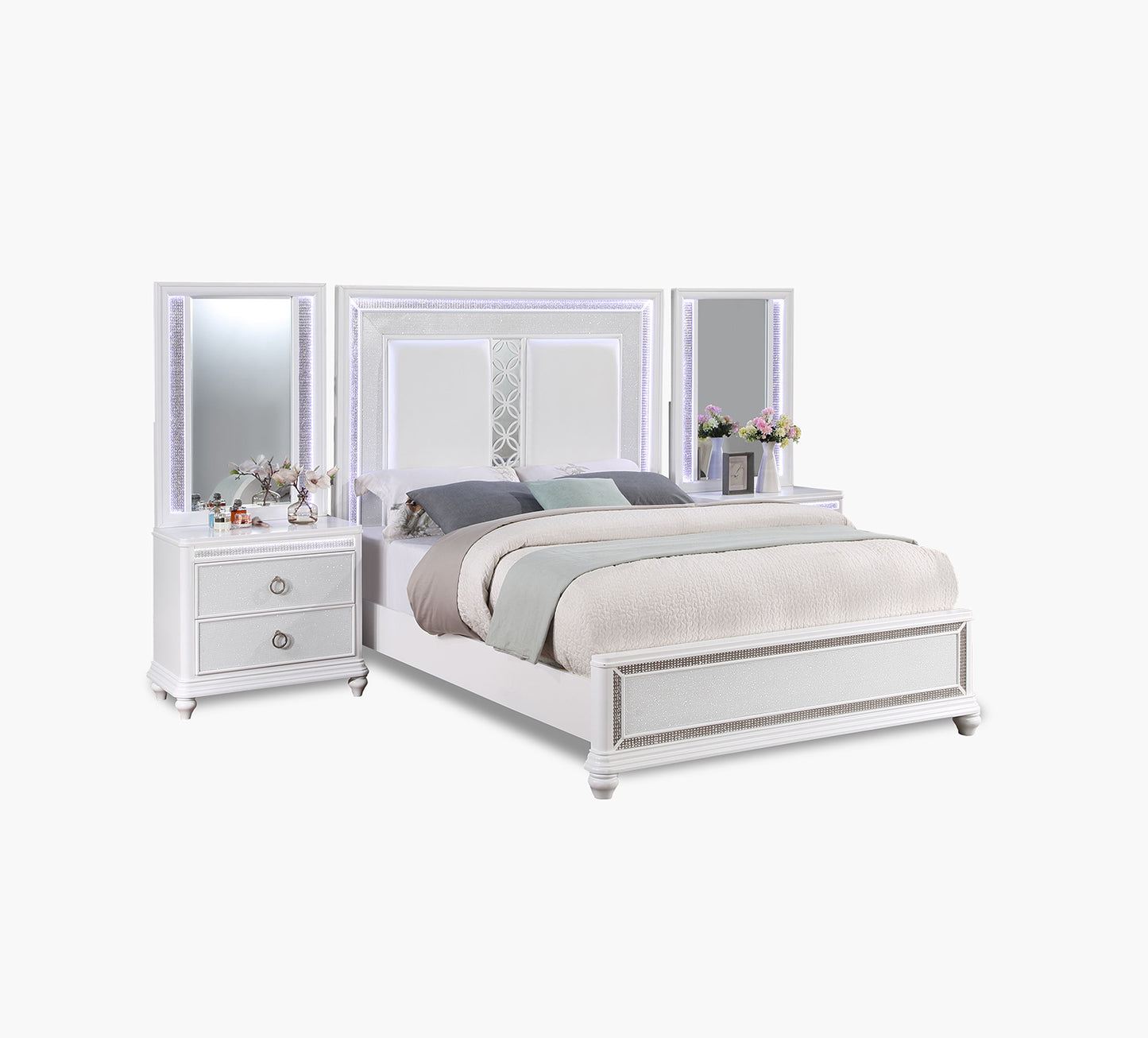 Cama Queen con paneles de pared y mesita de noche de 2 cajones Anastasia