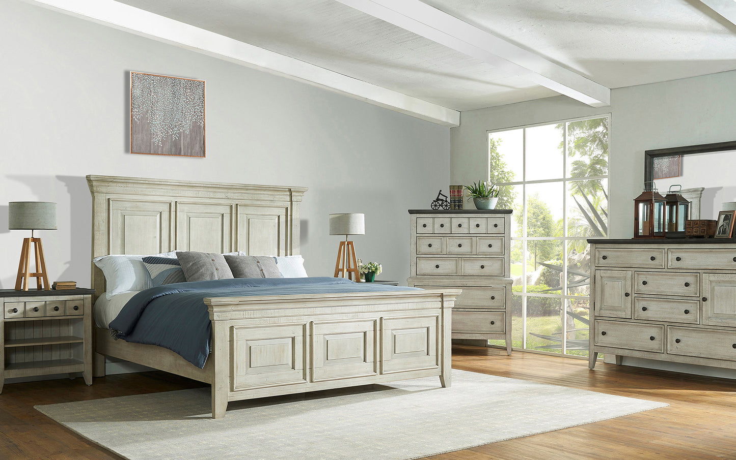 Dormitorio con cinco piezas en blanco, estilo casa de campo, tamaño queen