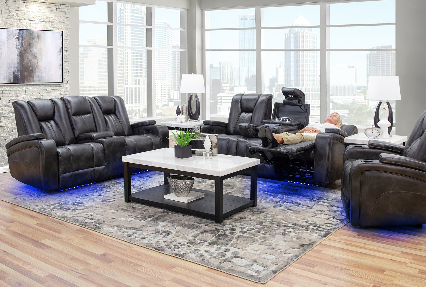 Phantom Steel II 3 Piece Zero Gravity Power Reclining Sofa, Console Loveseat, and Recliner with Power Headrests