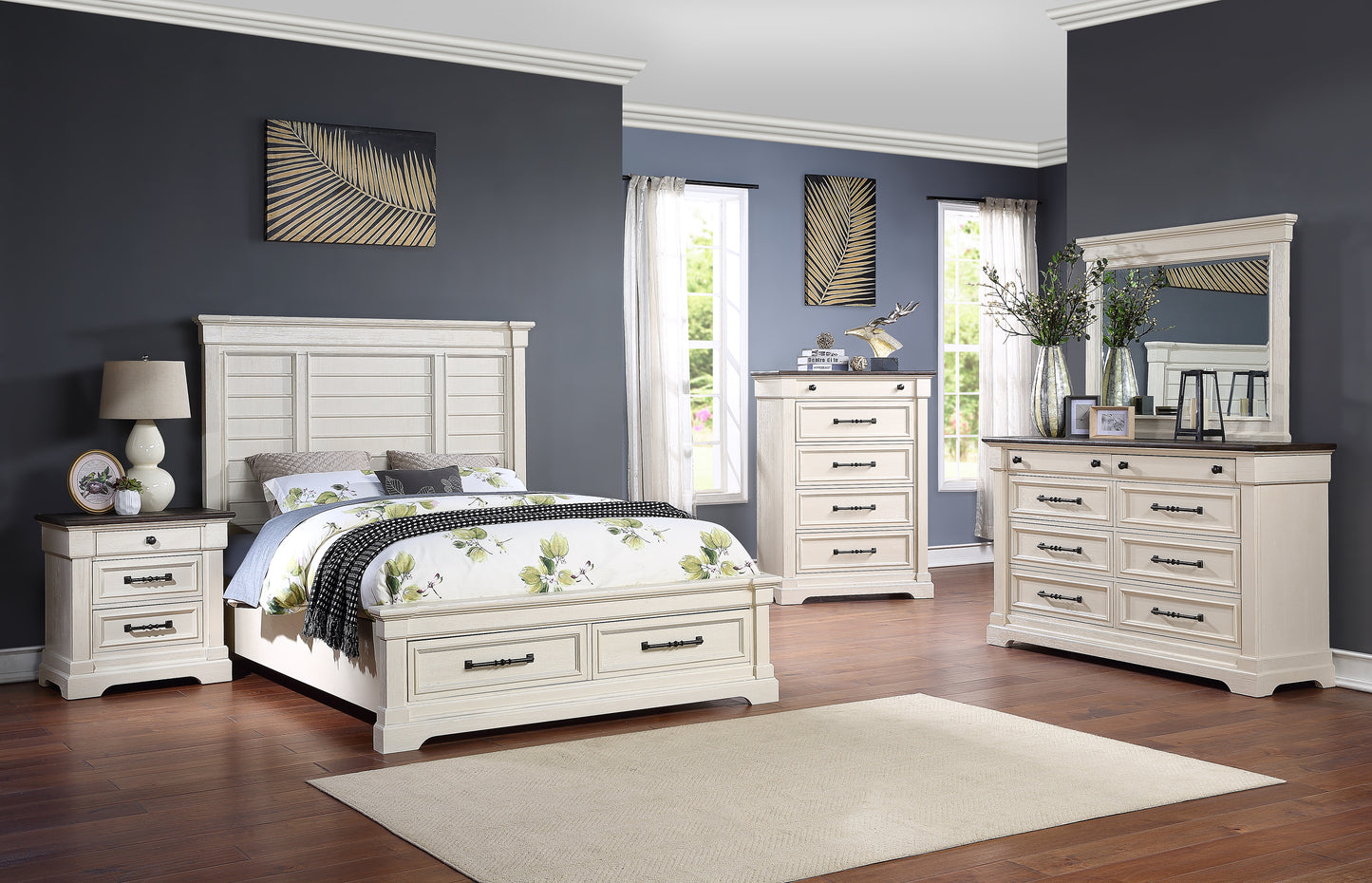 Dormitorio con 5 piezas en color blanco con espacio de almacenamiento y cama tamaño king de Woodbridge