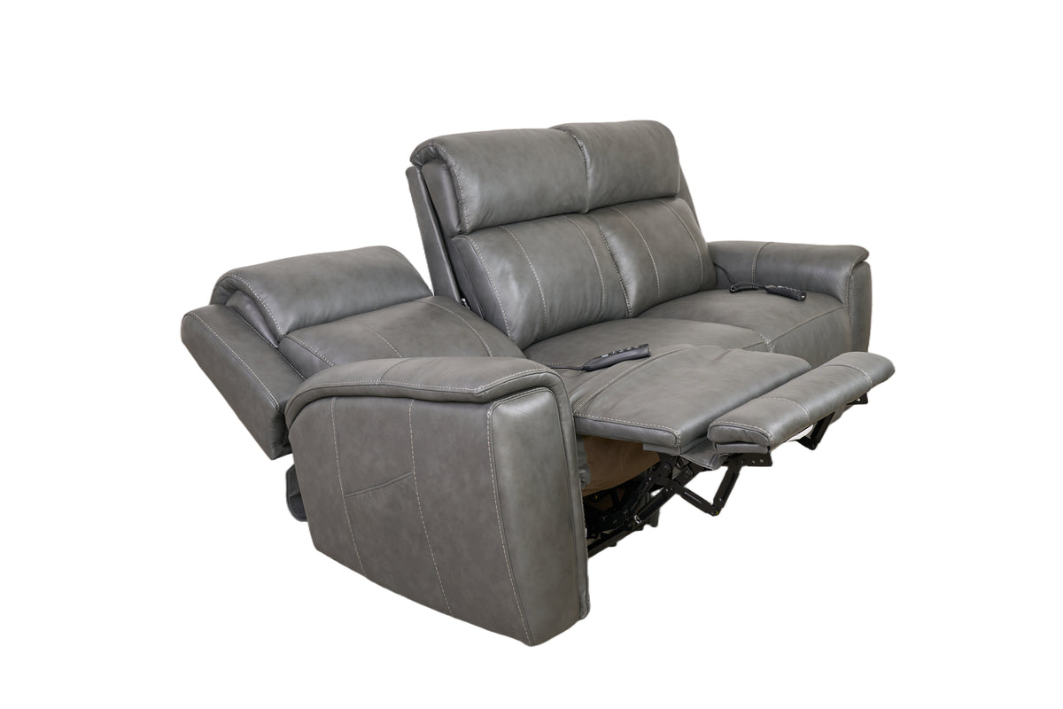 Allegro Dark Grey Leather Dual Power Sofa with Drop Down Table and Immersive Sound