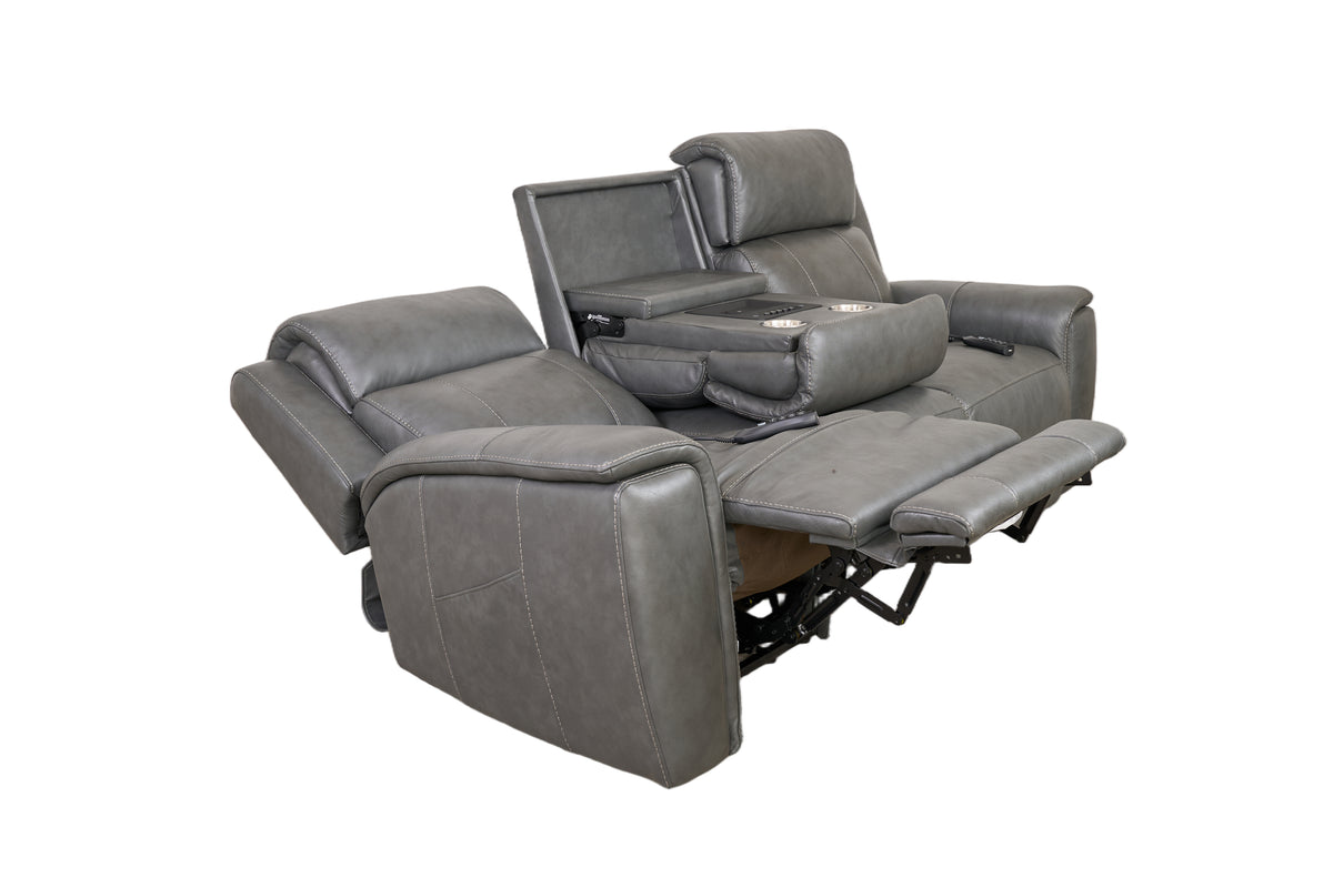 Allegro Dark Grey Leather Dual Power Sofa with Drop Down Table and Immersive Sound
