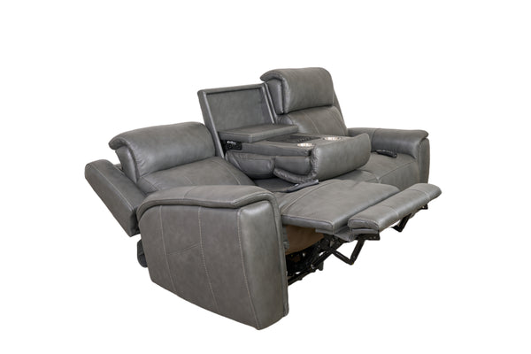 Allegro Dark Grey Leather Dual Power Sofa with Drop Down Table and Immersive Sound