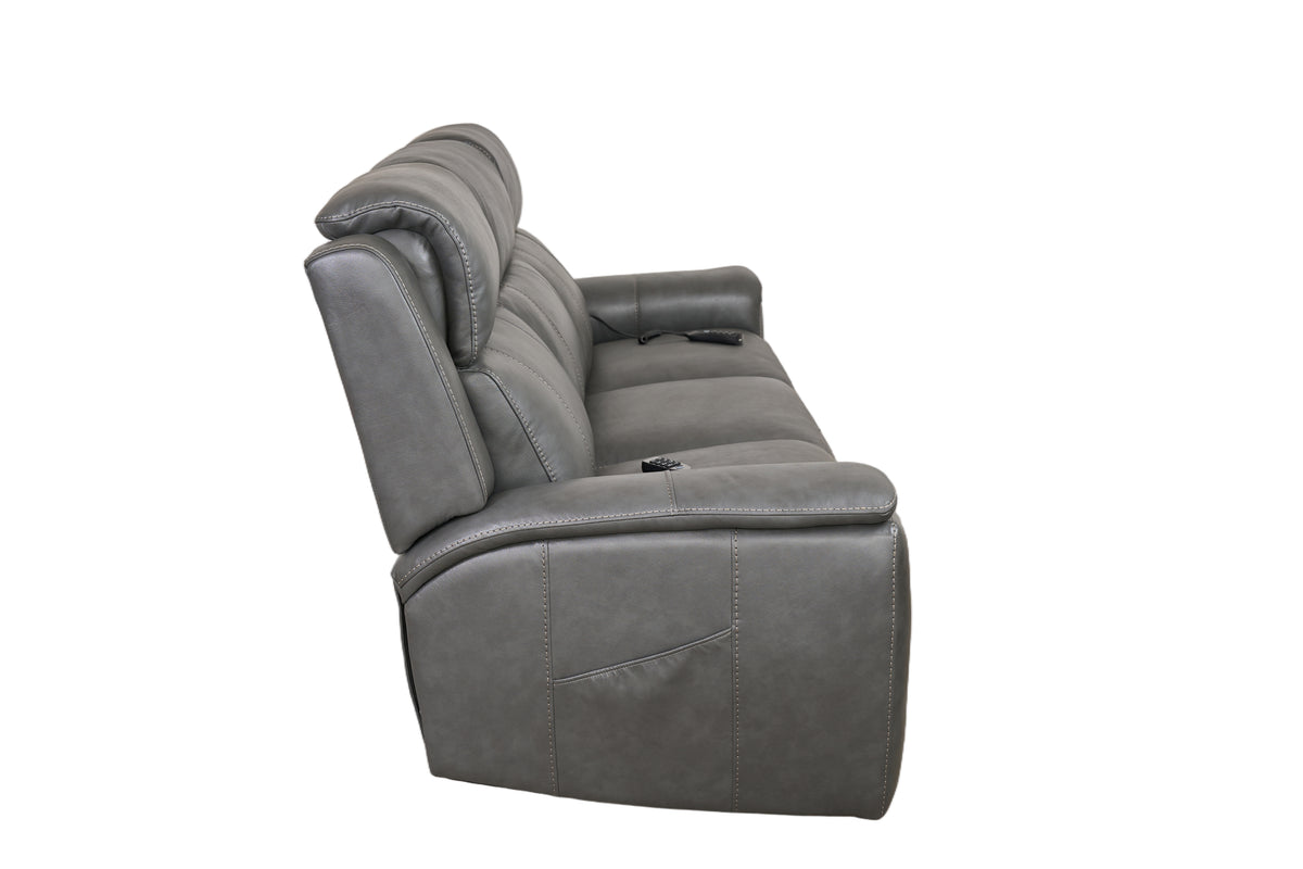 Allegro Dark Grey Leather Dual Power Sofa with Drop Down Table and Immersive Sound