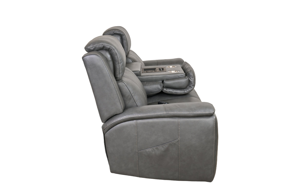 Allegro Dark Grey Leather Dual Power Sofa with Drop Down Table and Immersive Sound
