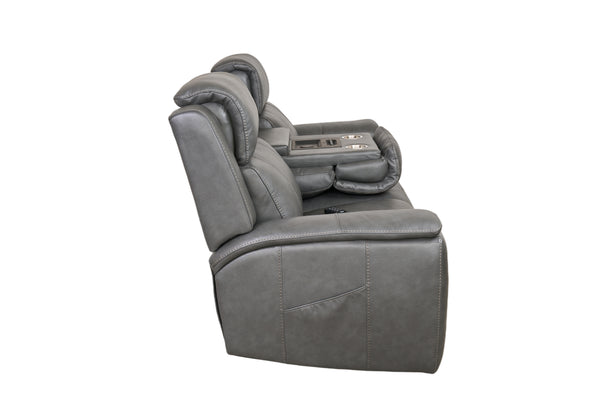 Allegro Dark Grey Leather Dual Power Sofa with Drop Down Table and Immersive Sound