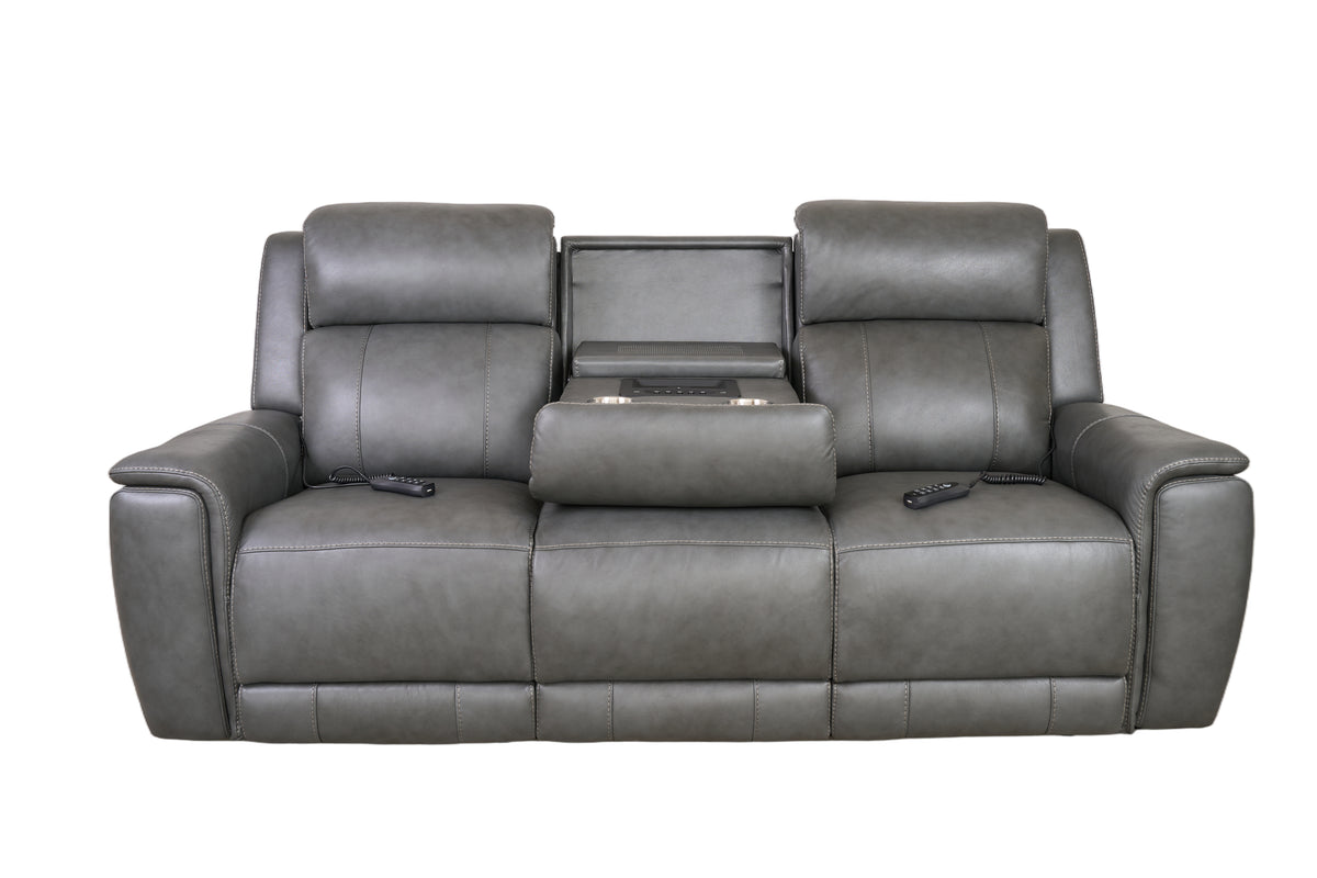 Allegro Dark Grey Leather Dual Power Sofa with Drop Down Table and Immersive Sound