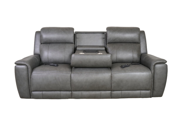 Allegro Dark Grey Leather Dual Power Sofa with Drop Down Table and Immersive Sound
