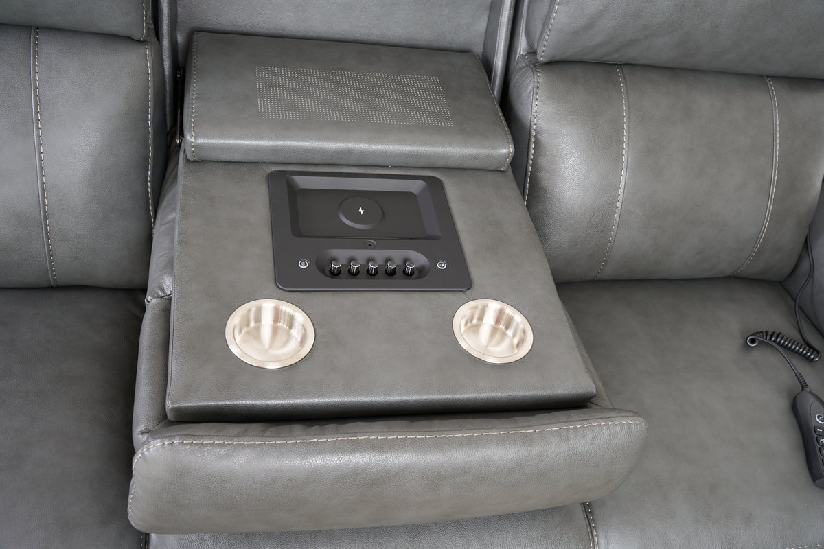 Allegro Dark Grey Leather Dual Power Sofa with Drop Down Table and Immersive Sound