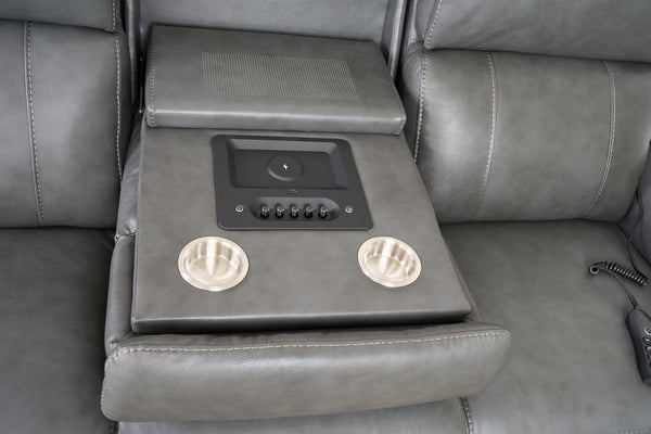 Allegro Dark Grey Leather Dual Power Sofa with Drop Down Table and Immersive Sound